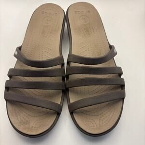 Crocs Brown Rhonda Strappy Wedge Slides Sandals Womens Shoes Size 10 Comfort